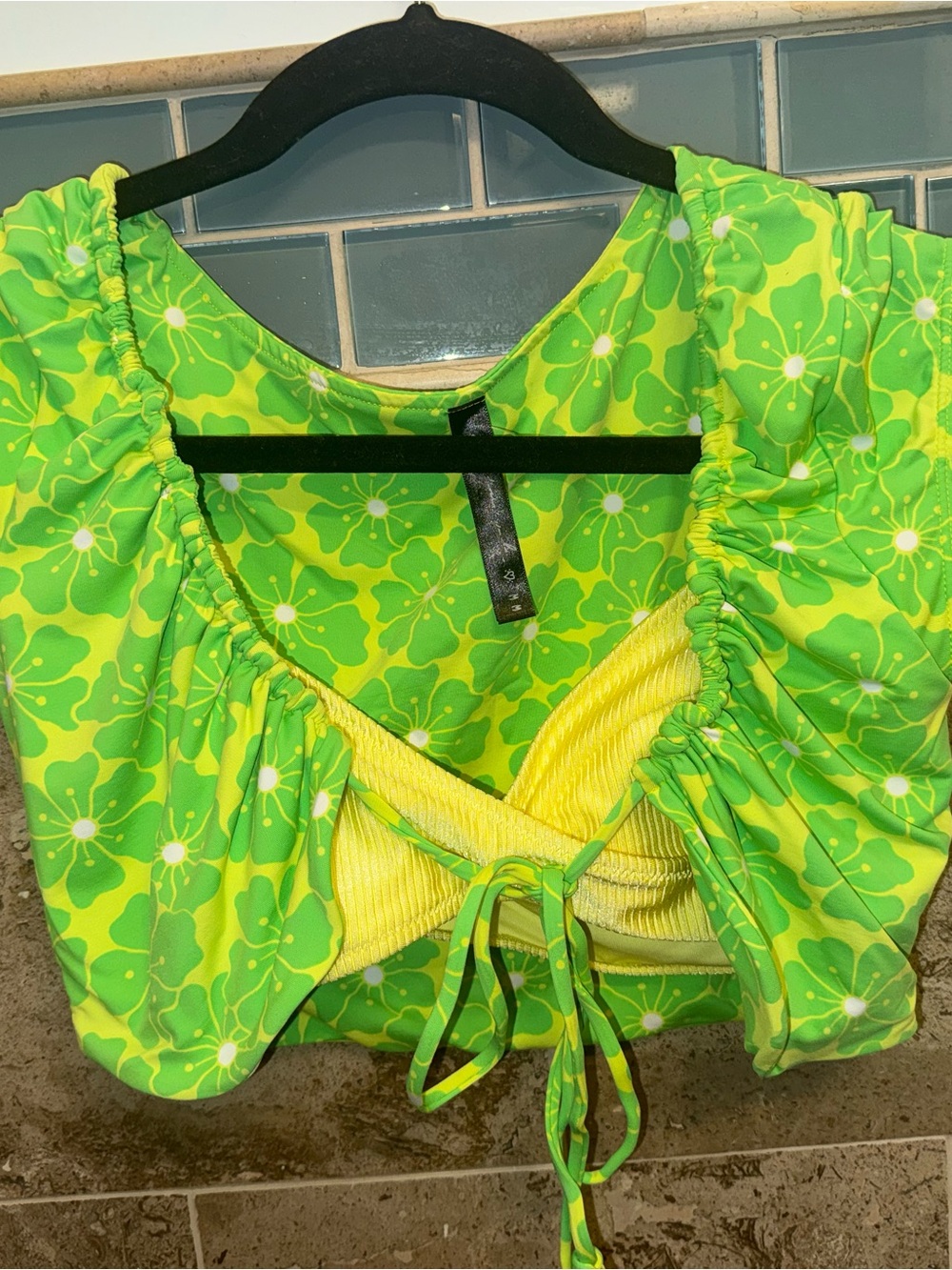 Out from Under Green Floral Ruched Tie-Front w/ Aerie Yellow Bikini Top Bundle